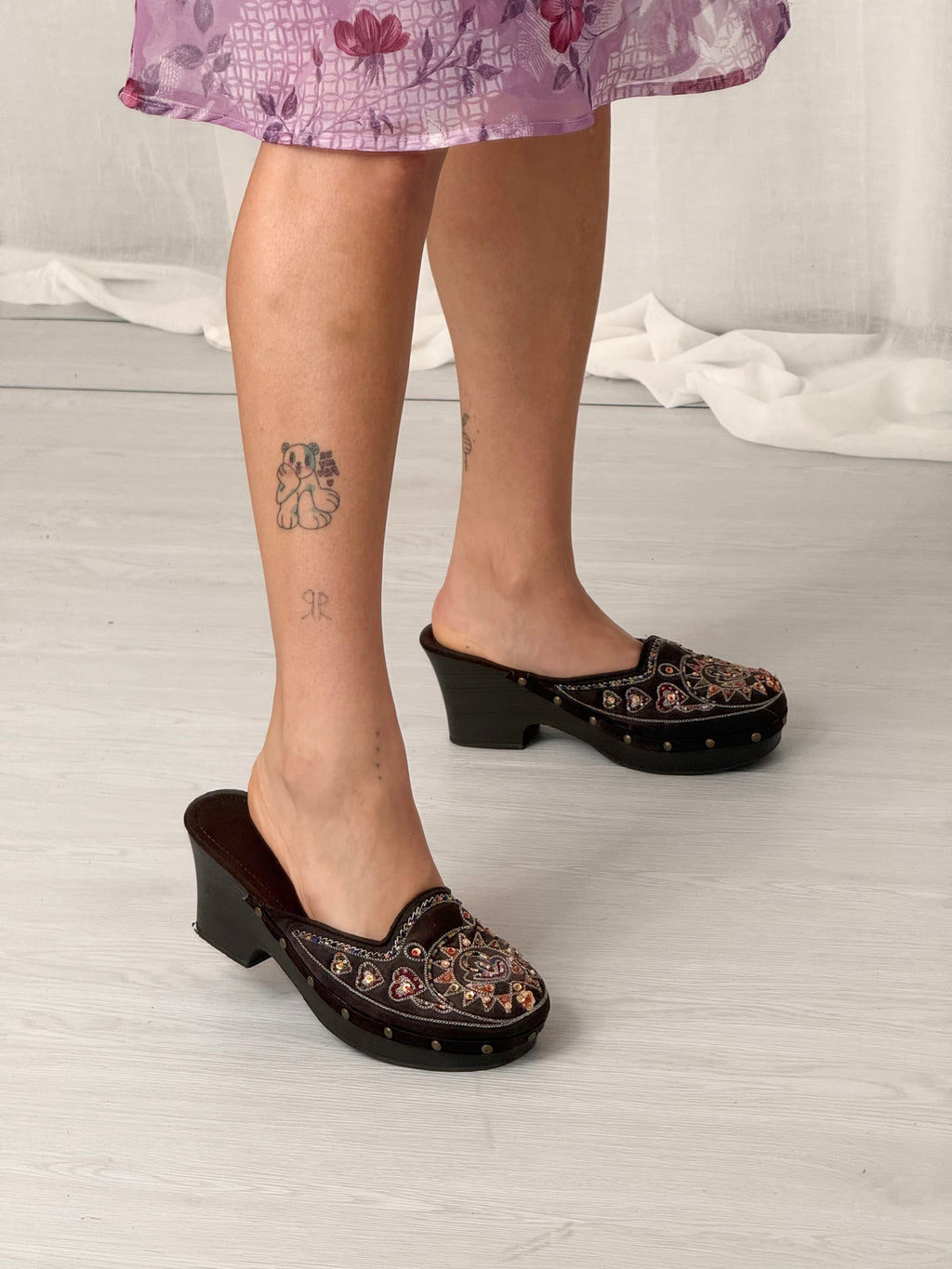 ✧ M.R.S. brown beaded platform clog mules