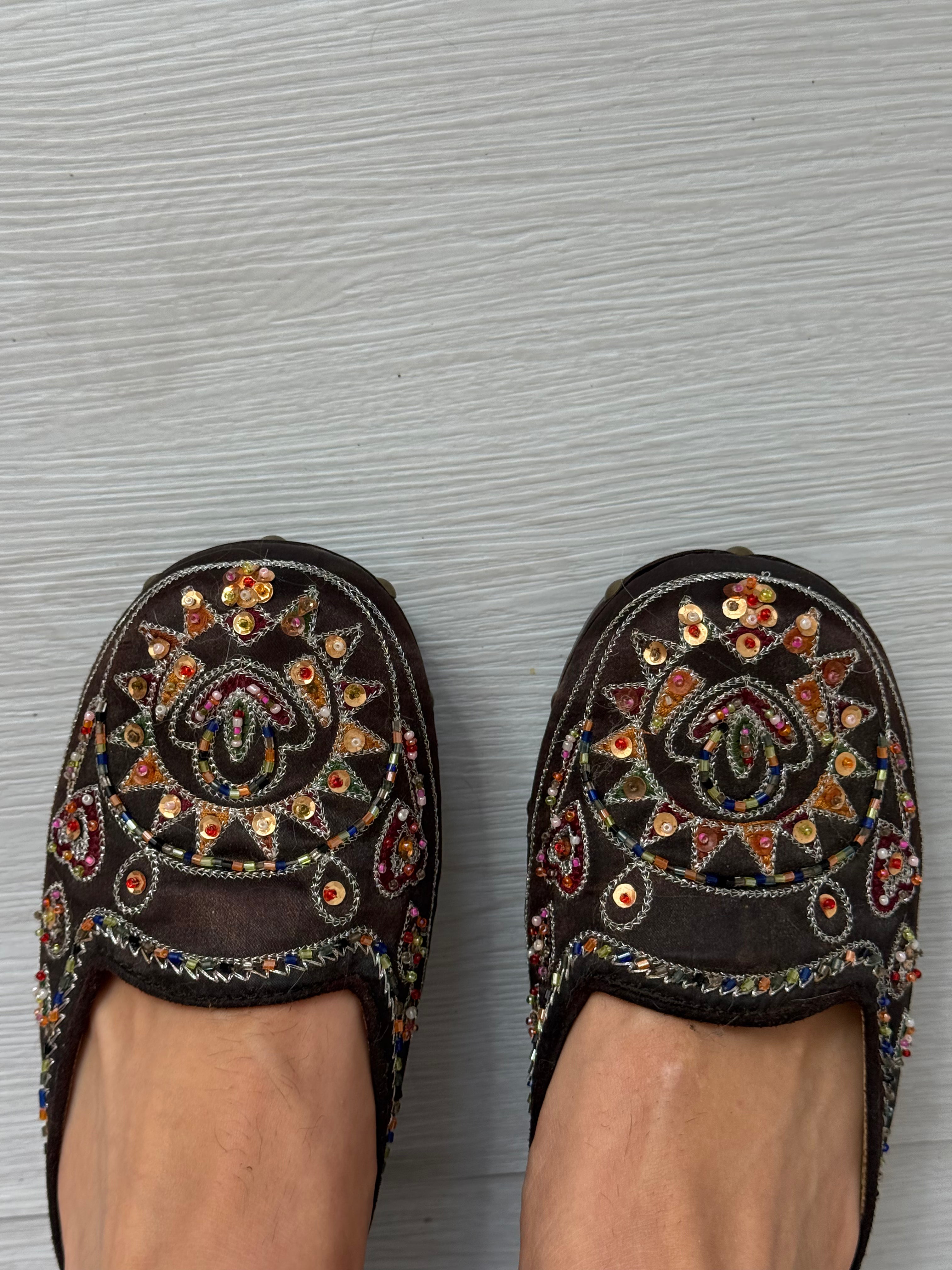 ✧ M.R.S. brown beaded platform clog mules
