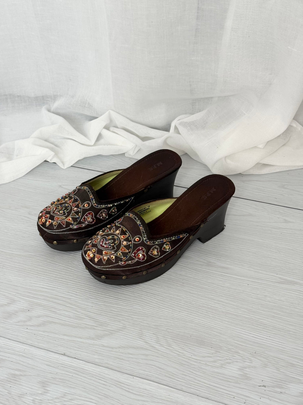 ✧ M.R.S. brown beaded platform clog mules