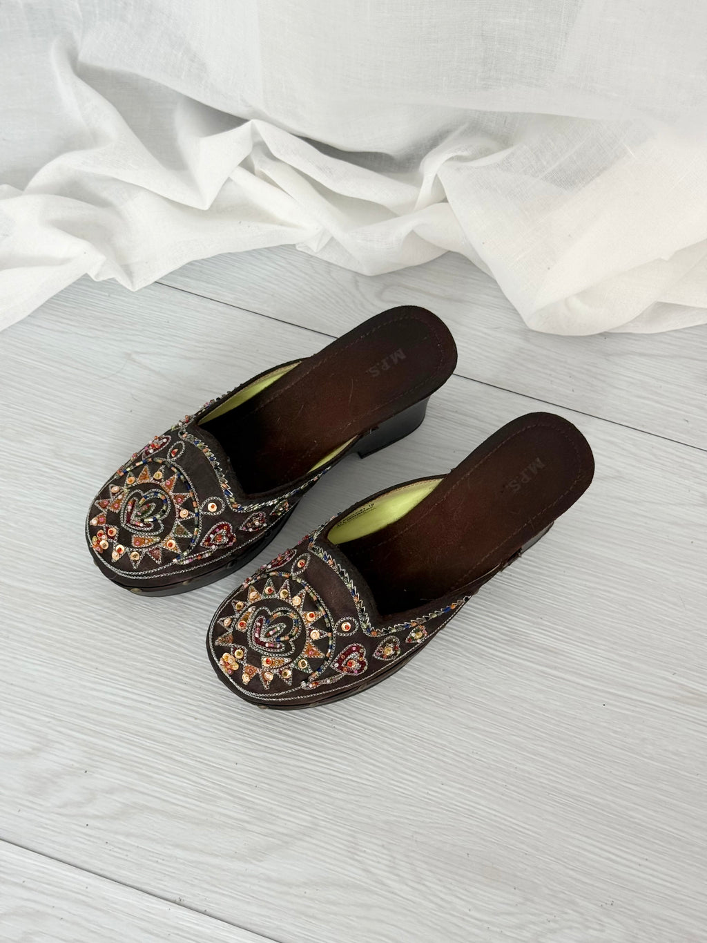 ✧ M.R.S. brown beaded platform clog mules