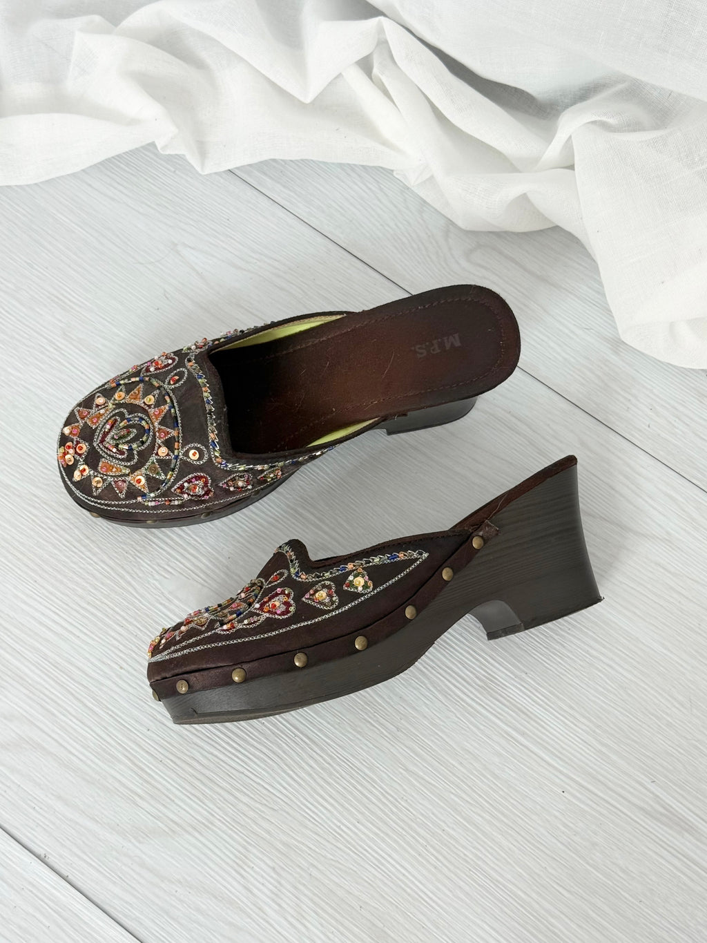 ✧ M.R.S. brown beaded platform clog mules
