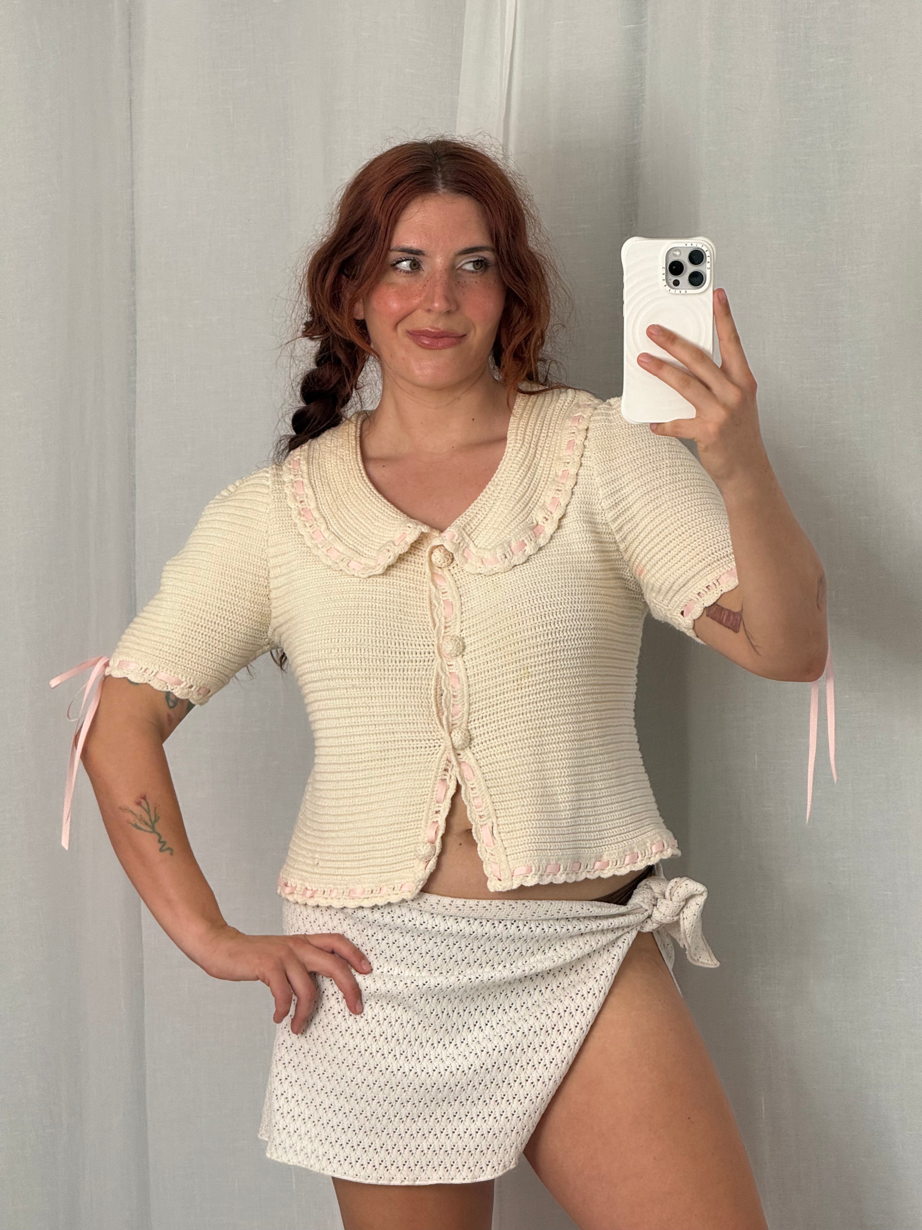✿ cream knit ribbon cardigan