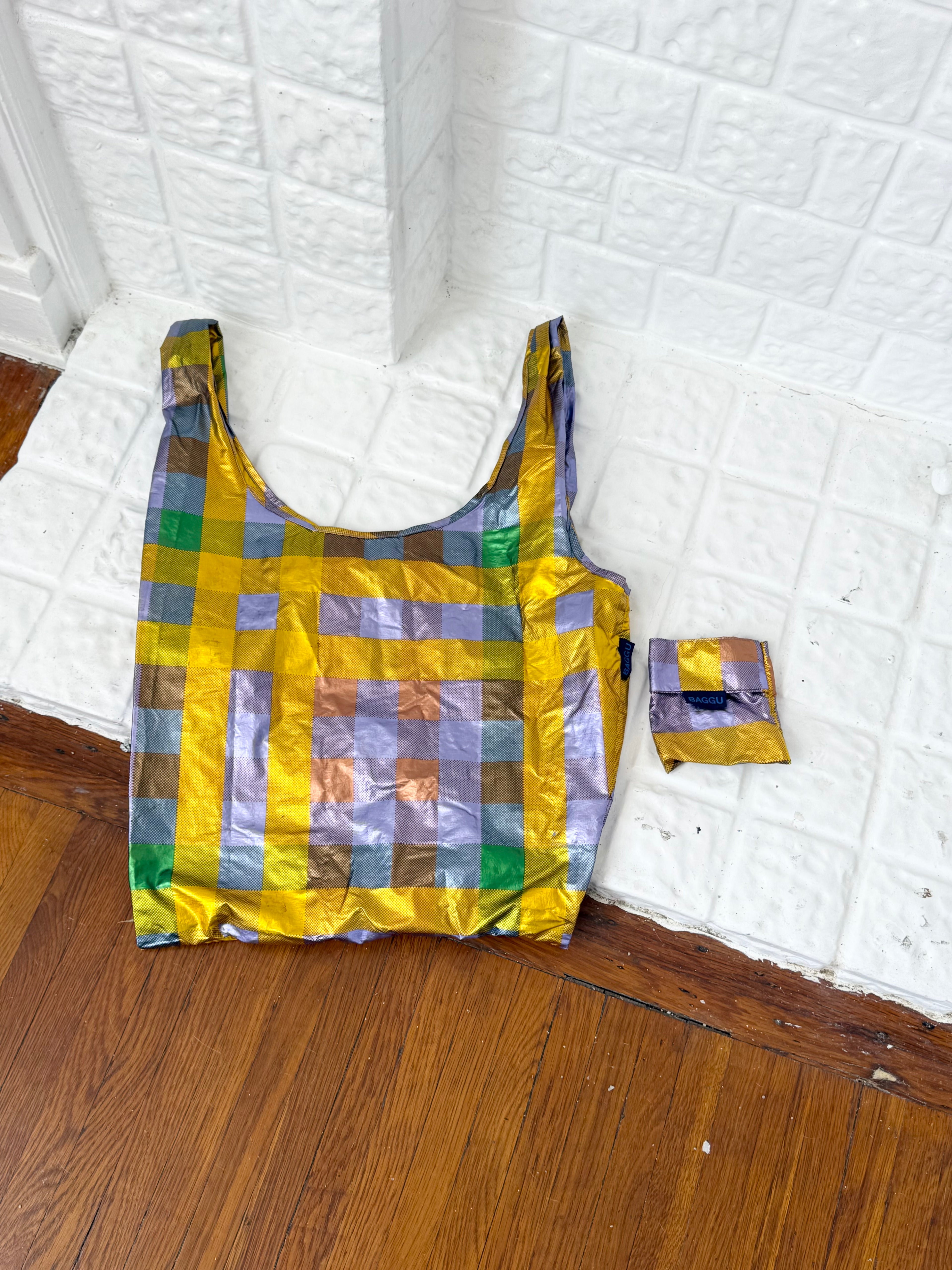 ✧ metallic plaid baggu reusable tote bag ✧