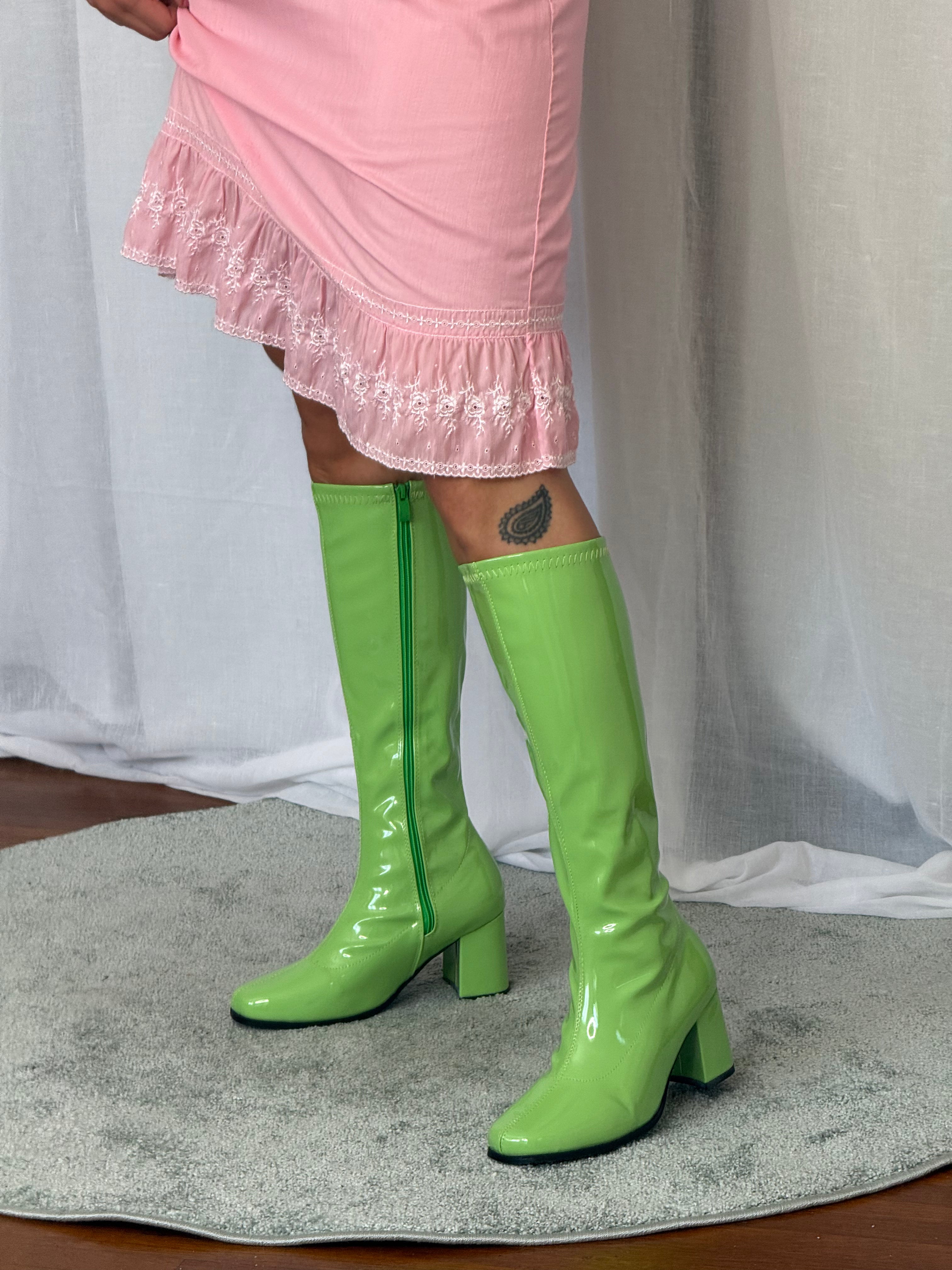 ✧ lime green patent go go boots ✧