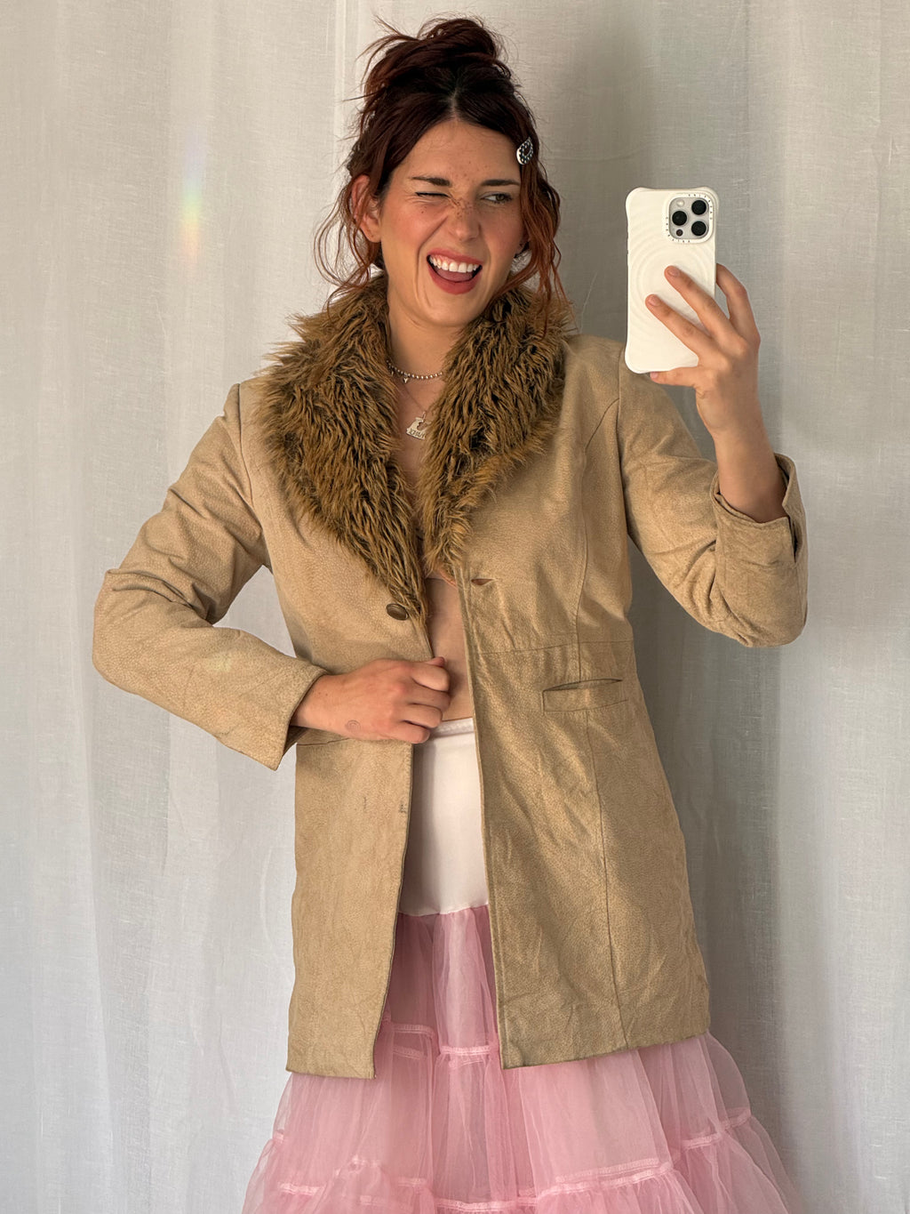 ✦ vintage Y2K genuine leather coat w/ faux fur collar