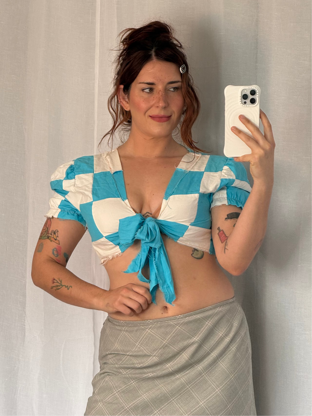 ⋆ clowncore blue & cream checker tie top ⋆