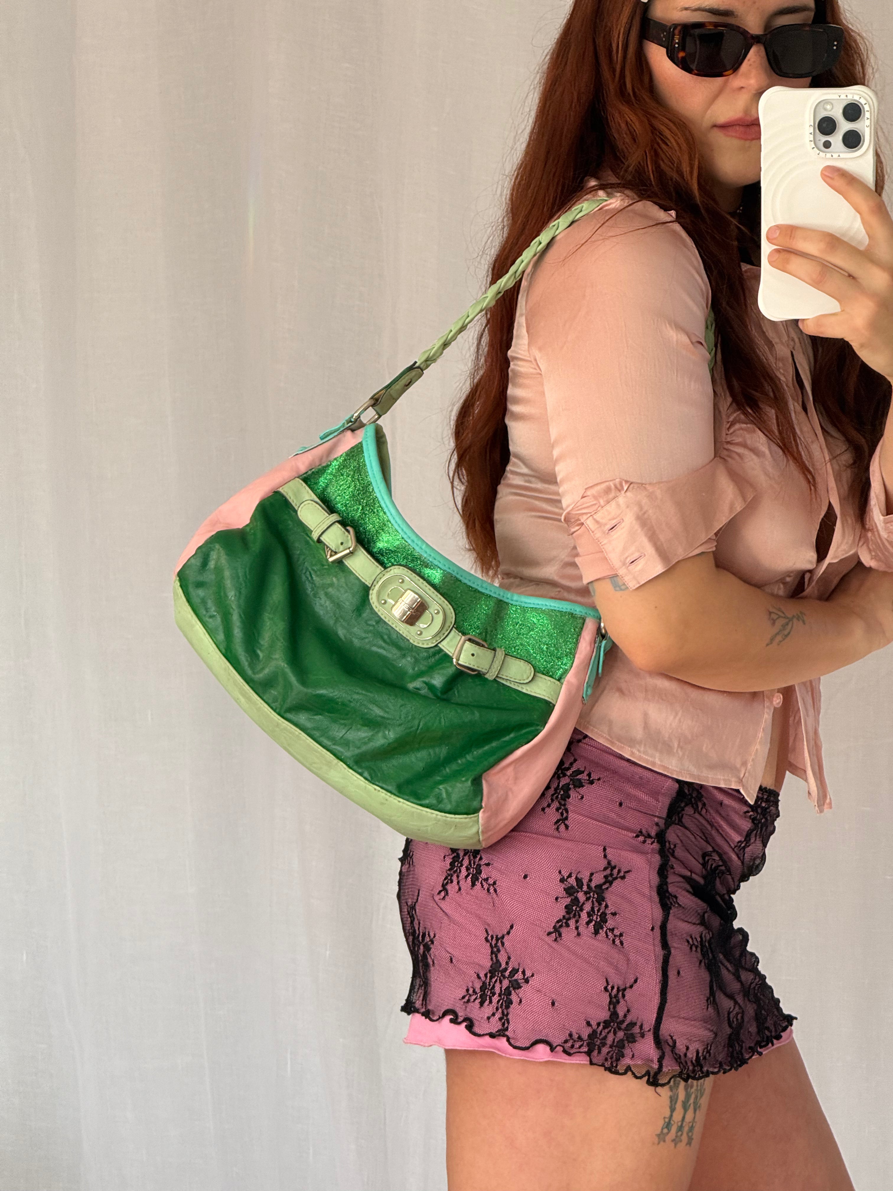 rosetti hand-painted green glitter shoulder bag