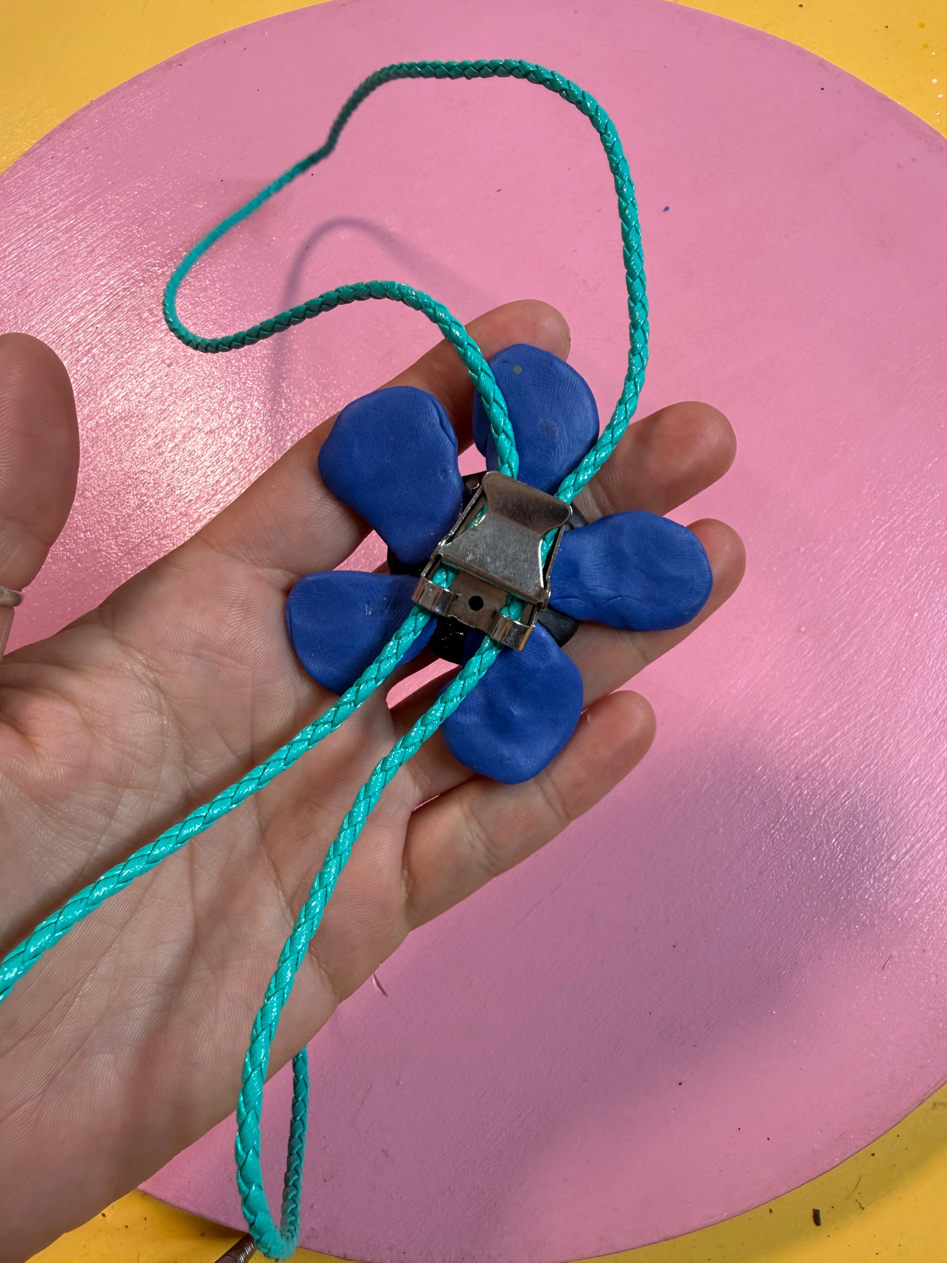✿ handmade blue flower polymer clay bolo tie