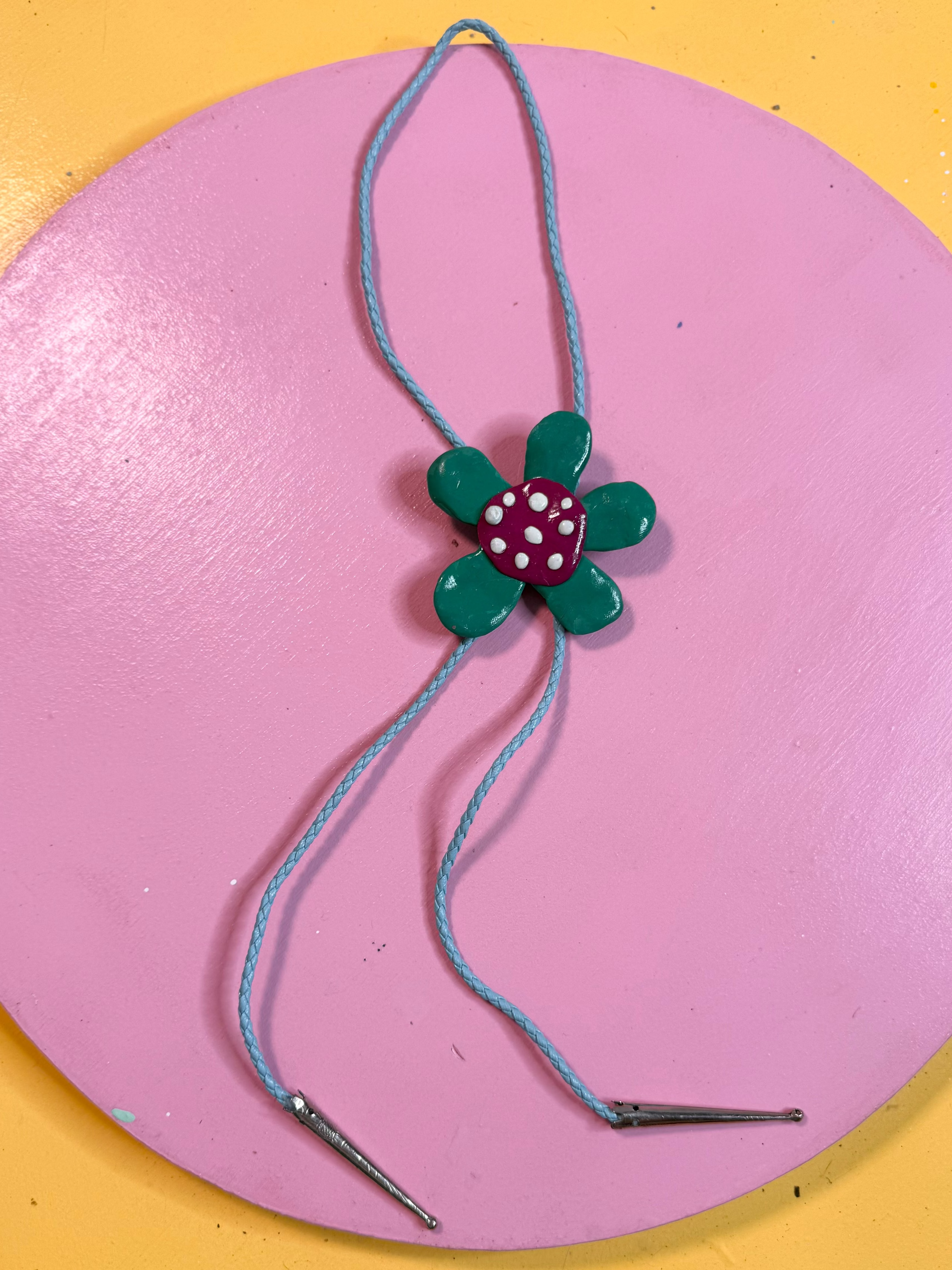 ✿ handmade green flower polymer clay bolo tie