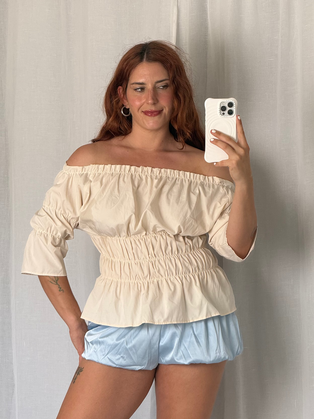 romantic off shoulder ruched blouse
