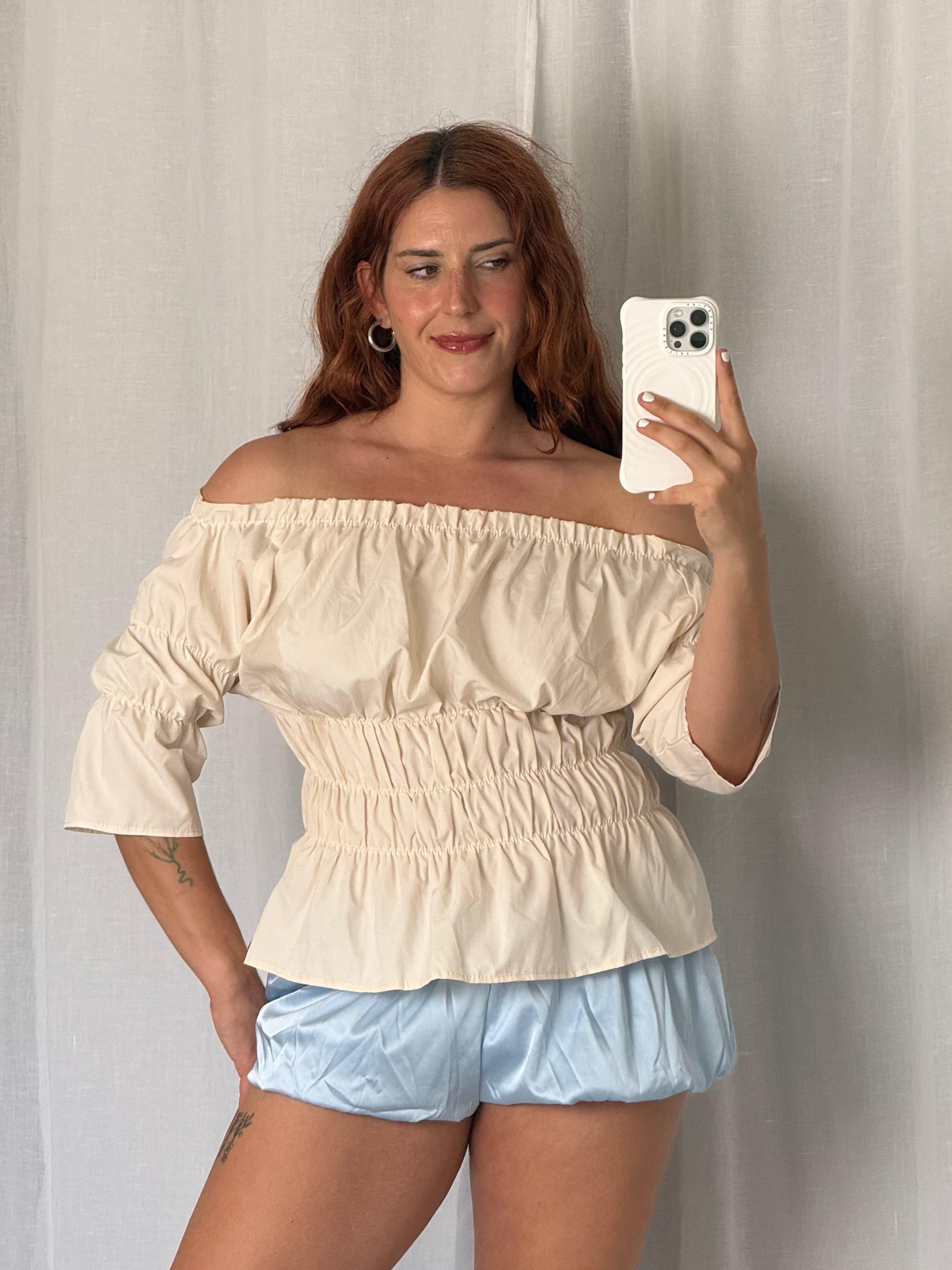 romantic off shoulder ruched blouse