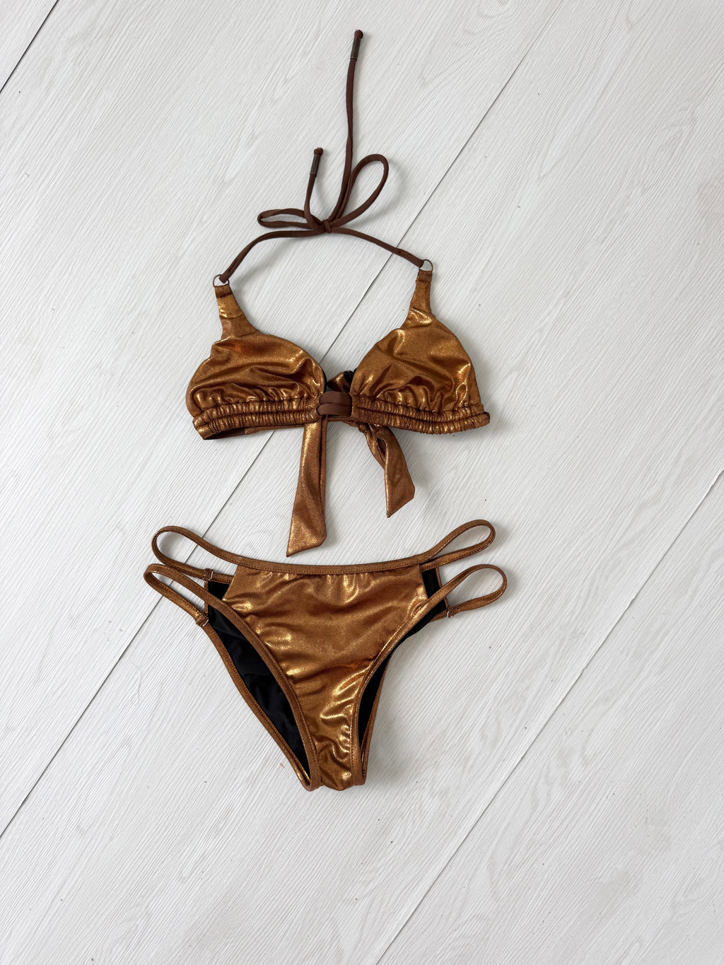 y2k metallic bronze strappy bikini set